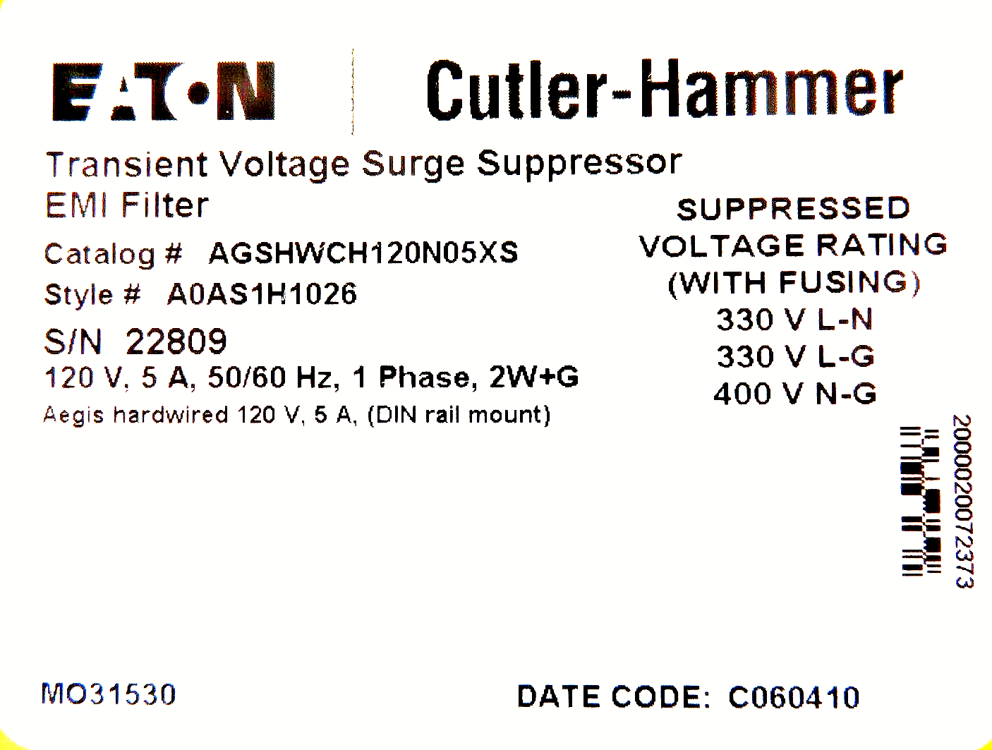 Eaton Cutler-Hammer AGSHWCH120N05XS Surge Suppressor EMI Filter 120V 5A DIN Rail