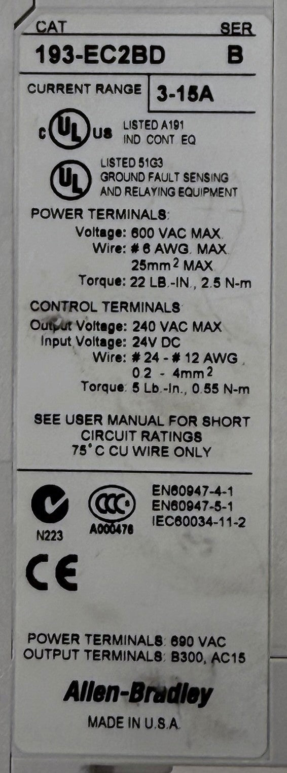 Allen-Bradley 193-EC2BD E3 Plus Overload Relay 3-15A5