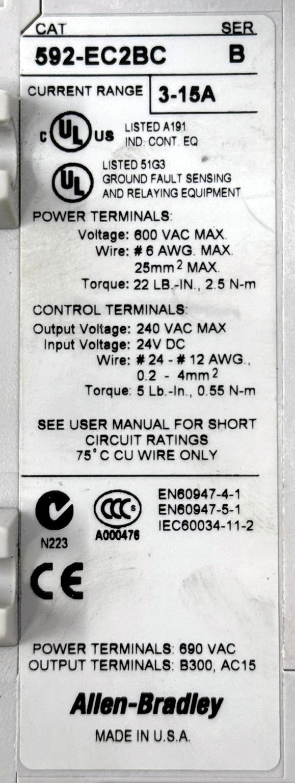 Allen-Bradley 592-EC2BC E3 Plus Overload Relay 3-15A5