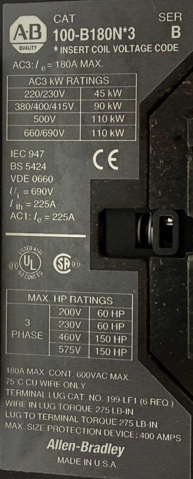 Allen-Bradley 100-B180N1203 IEC Contactor 180A 3-Pole3