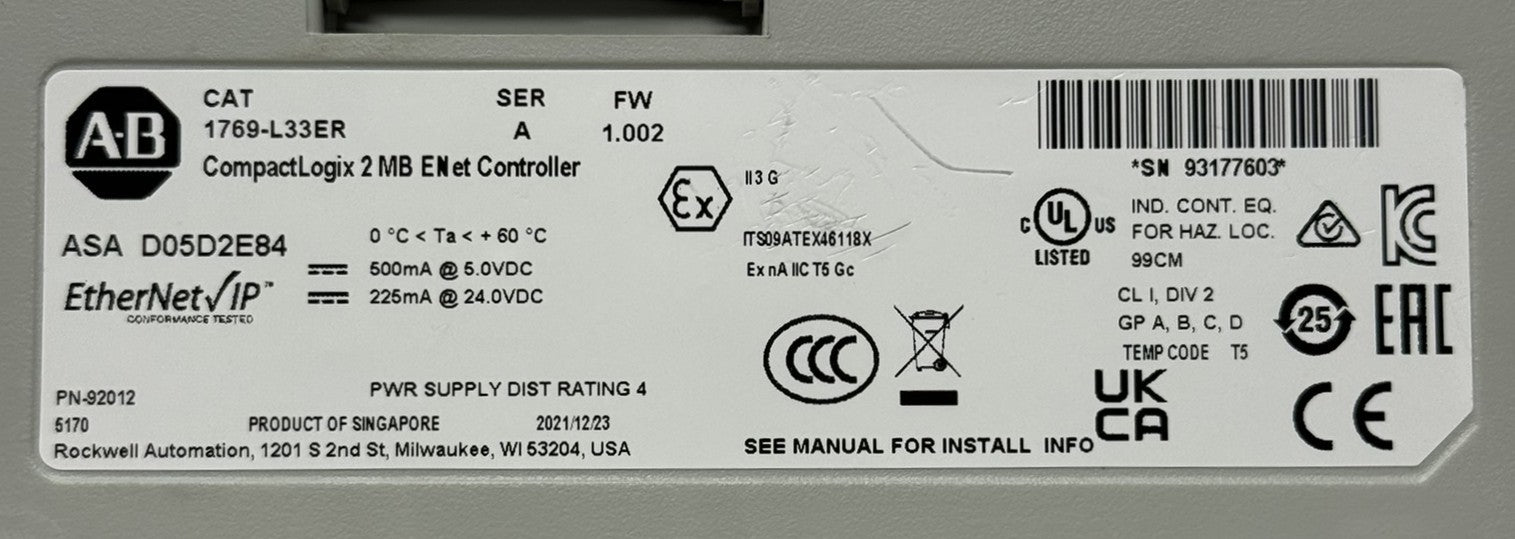 Allen-Bradley 1769-L33ER CompactLogix 2MB ENet PLC Controller3