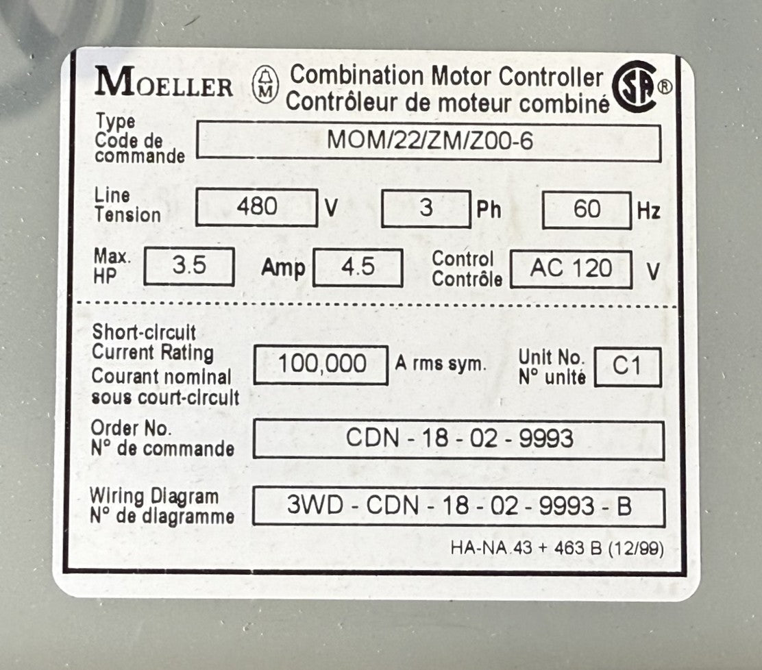 Moeller MOM/22/ZM/Z00-6 Combination Motor Controller MCC Bucket 3.5HP 480V1