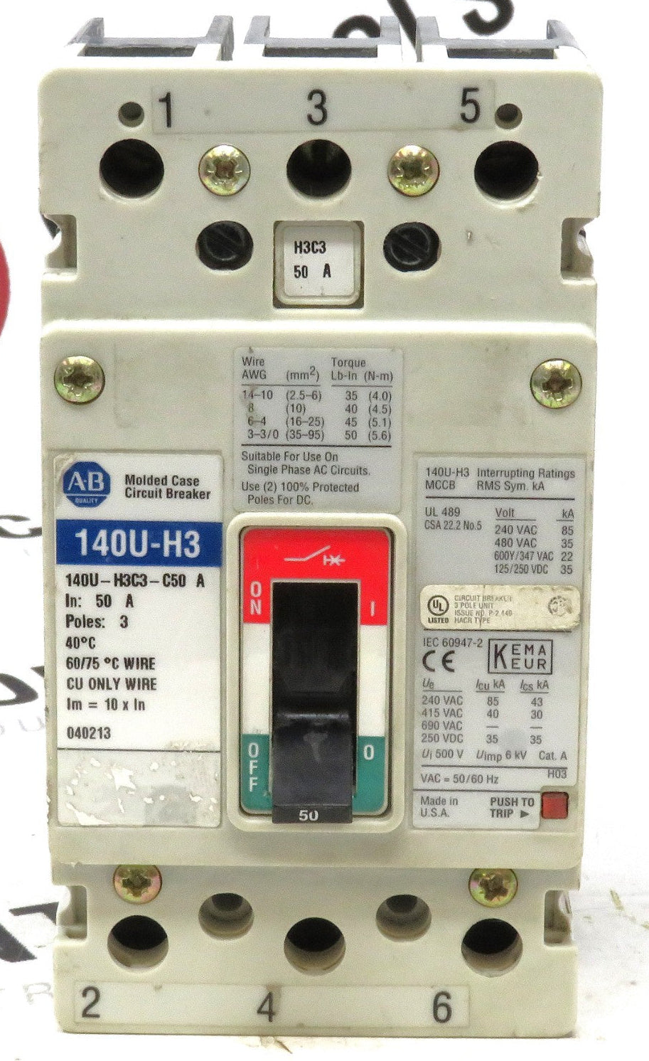 Allen-Bradley 140U-H3C3-C50 Circuit Breaker 3-Pole 50A H-Frame 600VAC0