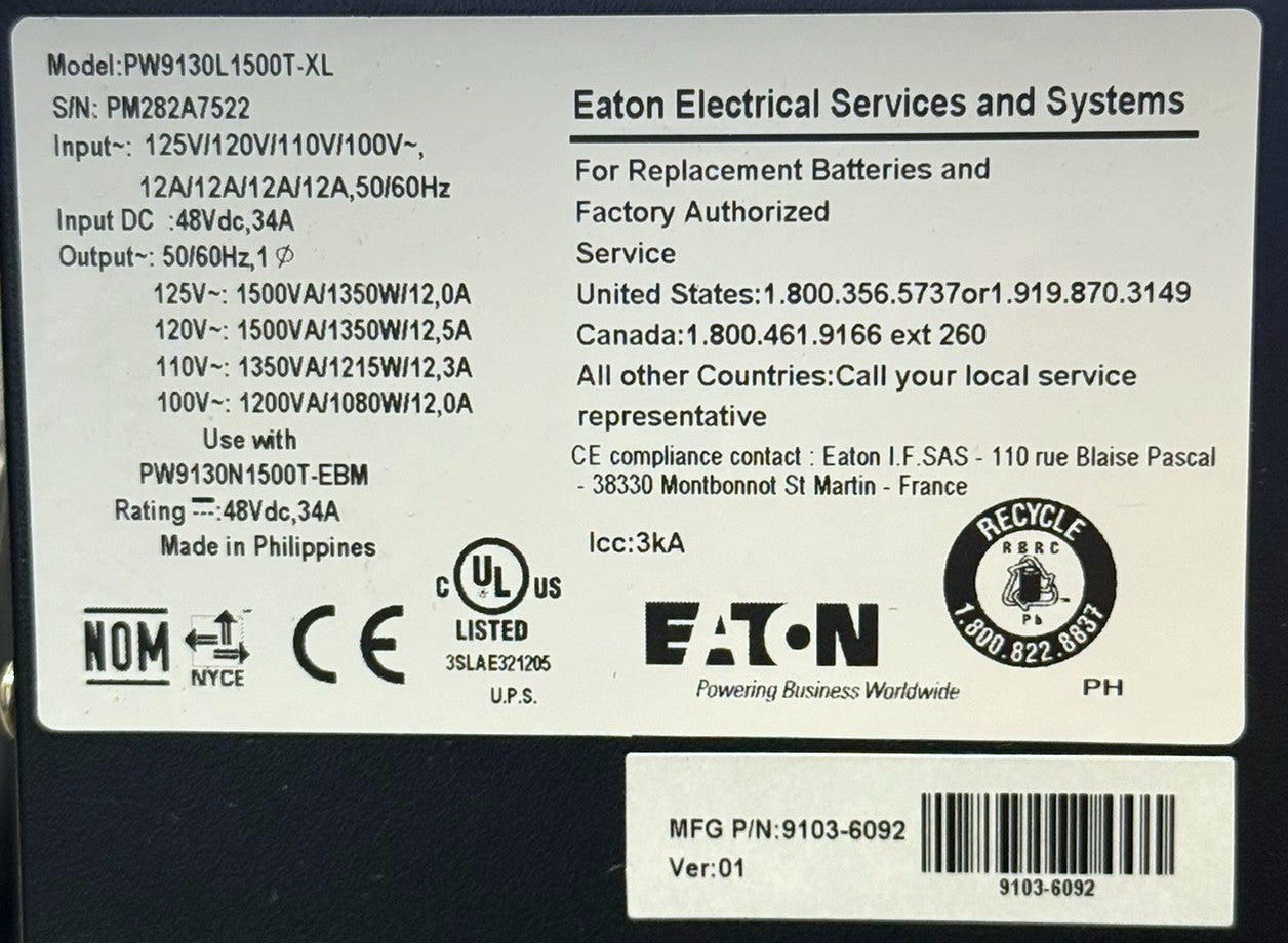 Eaton PW9130L1500T-XL 9130 Uninterruptible Power Supply 1500VA4