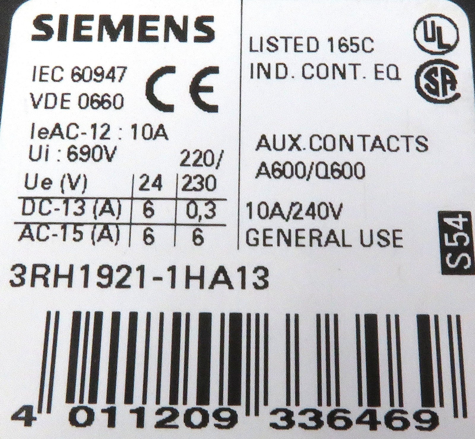 Siemens 3RH1921-1HA13 Auxiliary Contact Block 1NO+3NC 10A 690V S0-S33