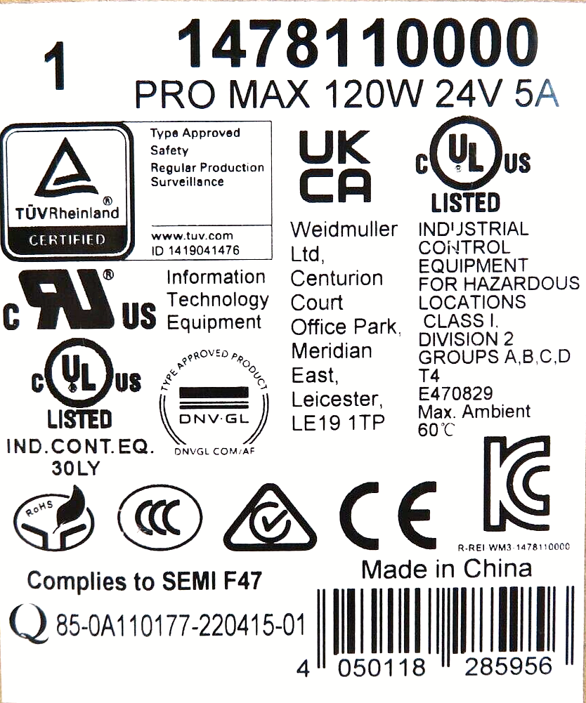 Weidmüller 1478110000 PRO MAX 120W 24V DC  5 AMP Power Supply Unit