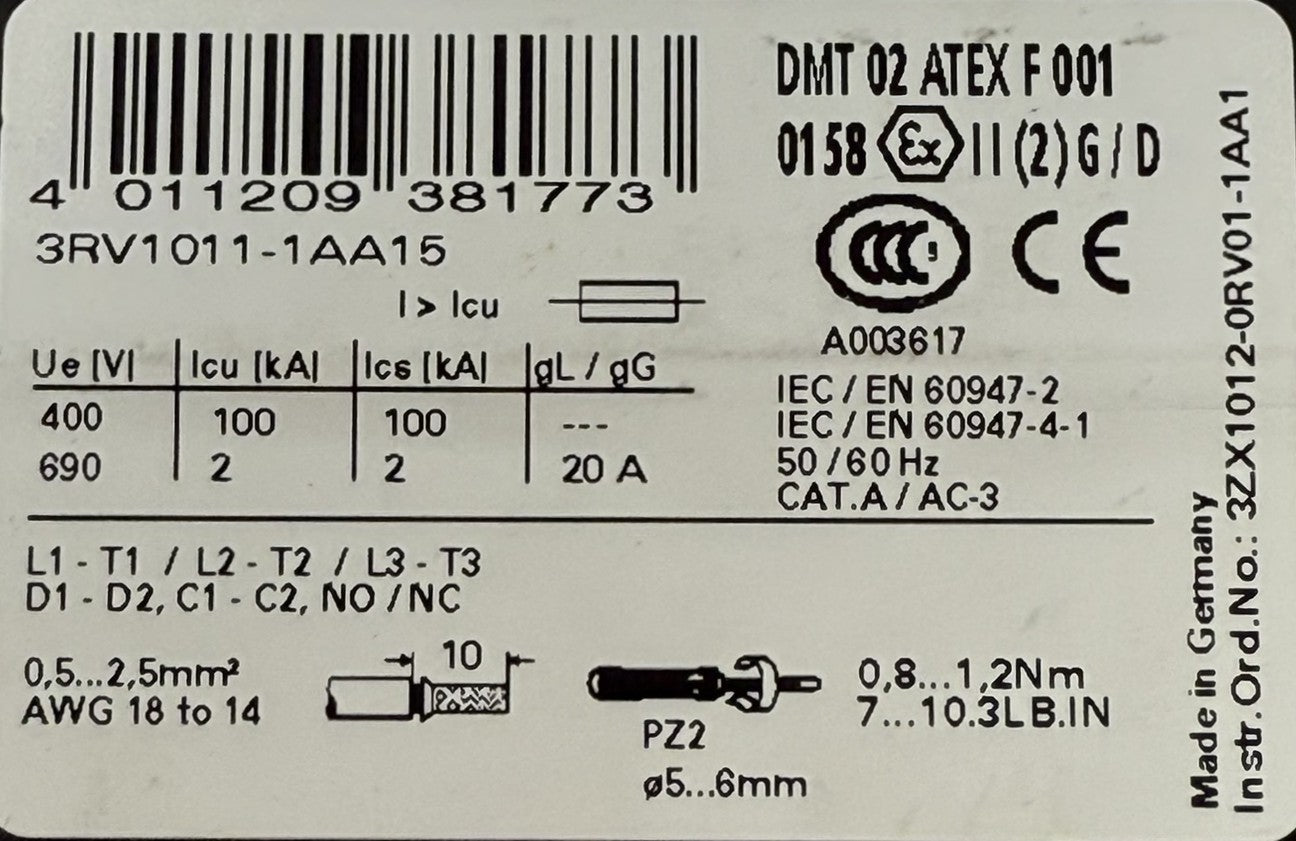 Siemens 3RV1011-1AA15 Adjustable Circuit Breaker 1.1-1.6A 690V 3-Pole2