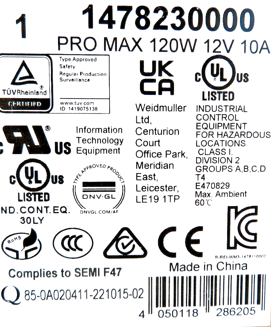 Weidmüller 1478230000 PRO MAX 120W 12V 10A IP20 Power Supply Unit