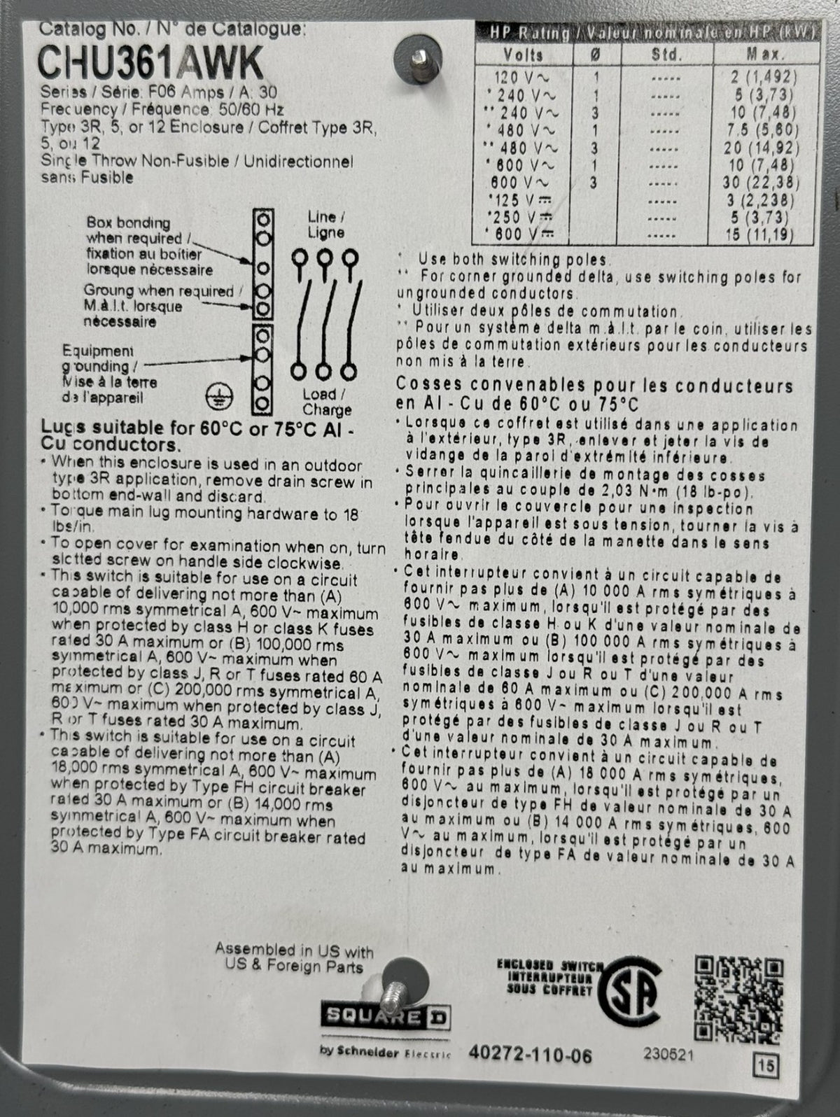 Chu361awk Square D CHU361AWK 30A 600V Heavy Duty Disconnect Switch