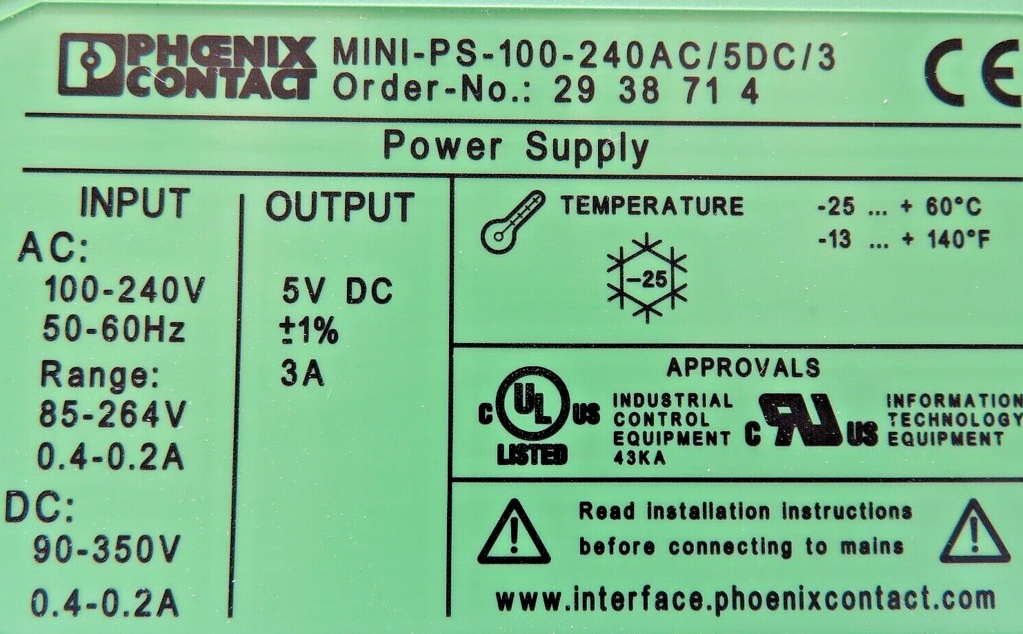 Phoenix Contact MINI-PS-100-240AC/ 5DC/3 2938717 Power Supply