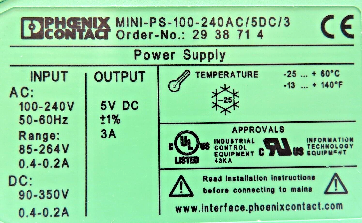 Phoenix Contact MINI-PS-100-240AC/ 5DC/3 2938717 Power Supply