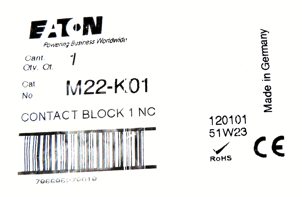 Eaton M22-K01 Contact Block, 22mm, 1NC, Screw Terminals