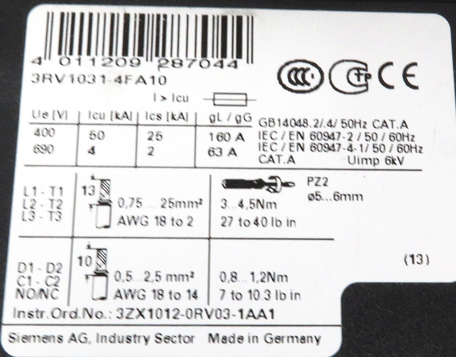 Siemens 3RV1031-4FA10 Motor Circuit Breaker S2 28-40A 3-Pole Class 103