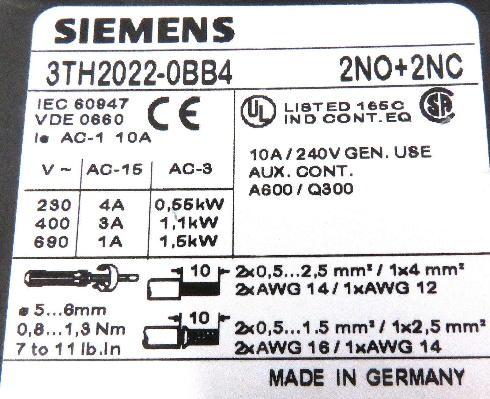 Siemens 3TH2022-0BB4 Contactor Relay 24VDC 2NO+2NC Screw Terminal3