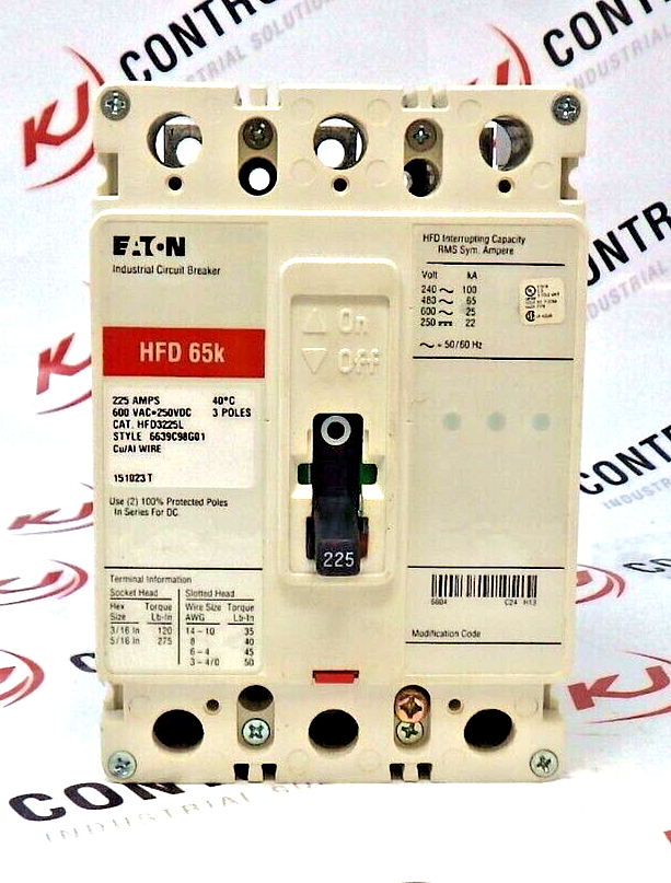 Eaton HFD3225L Molded Case Circuit Breaker, Series C, 225A, 600V AC/250V DC, 3-P