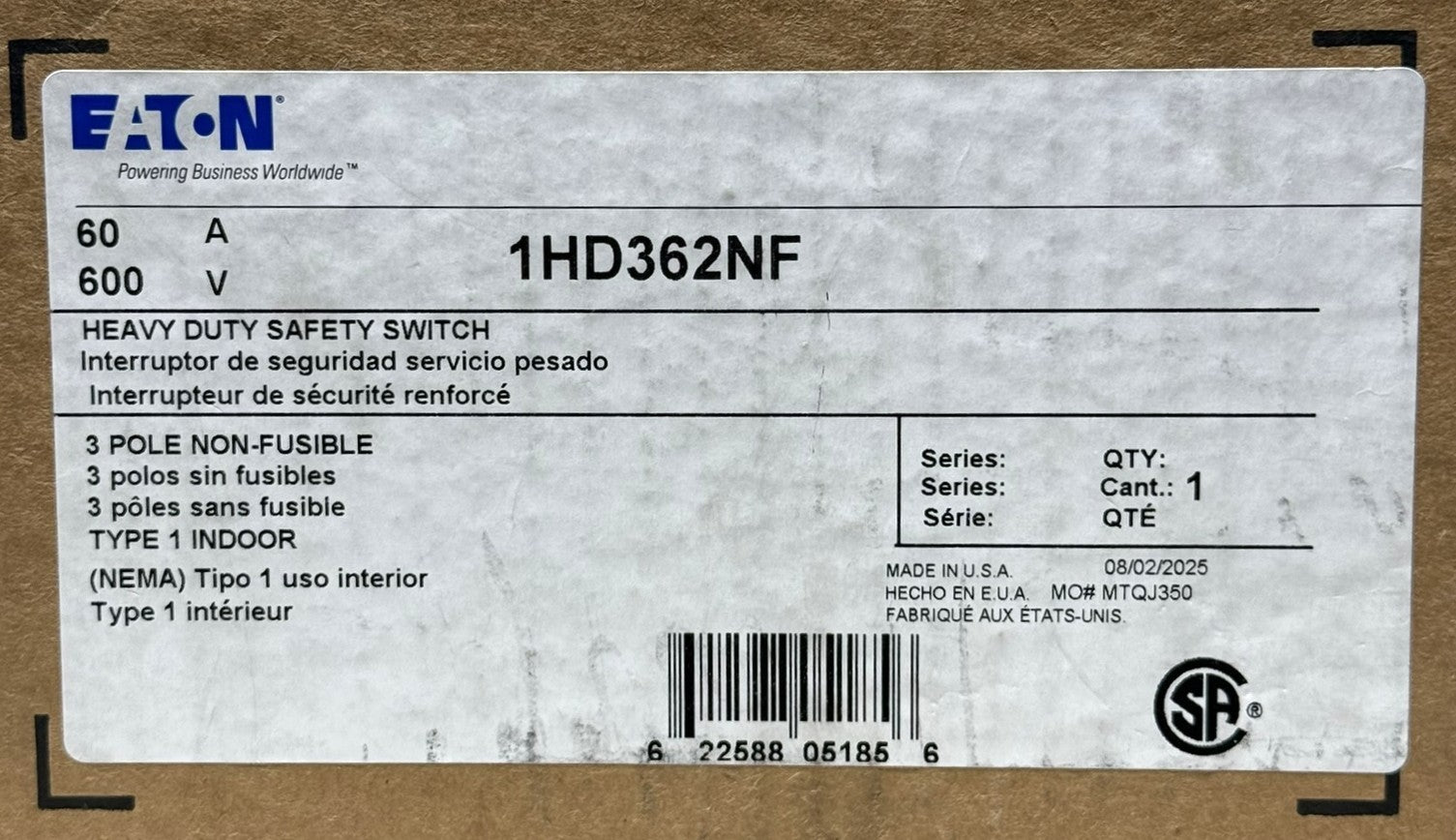 Eaton 1HD362NF 3-Pole 60A 600V Non-Fusible Safety Switch4