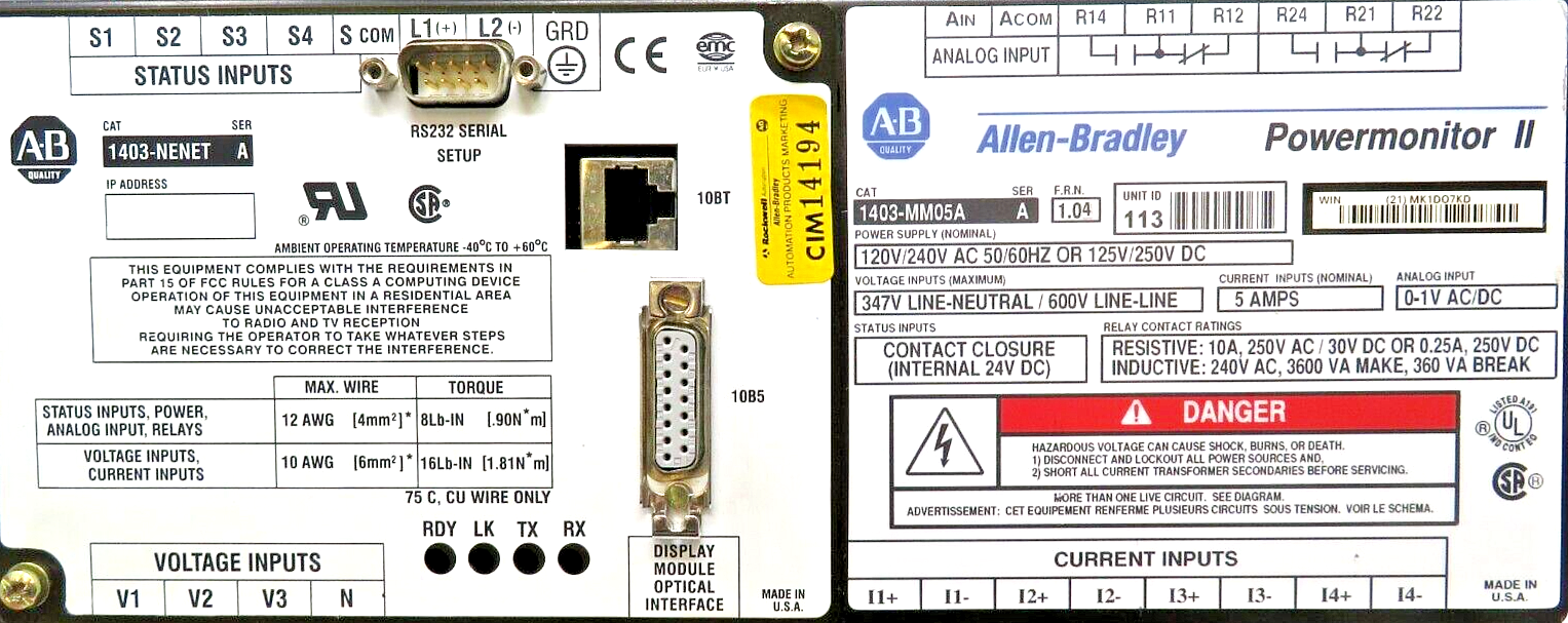 Allen-Bradley 1403-MM05A Powermonitor II Display/1403-NENE Communication Module