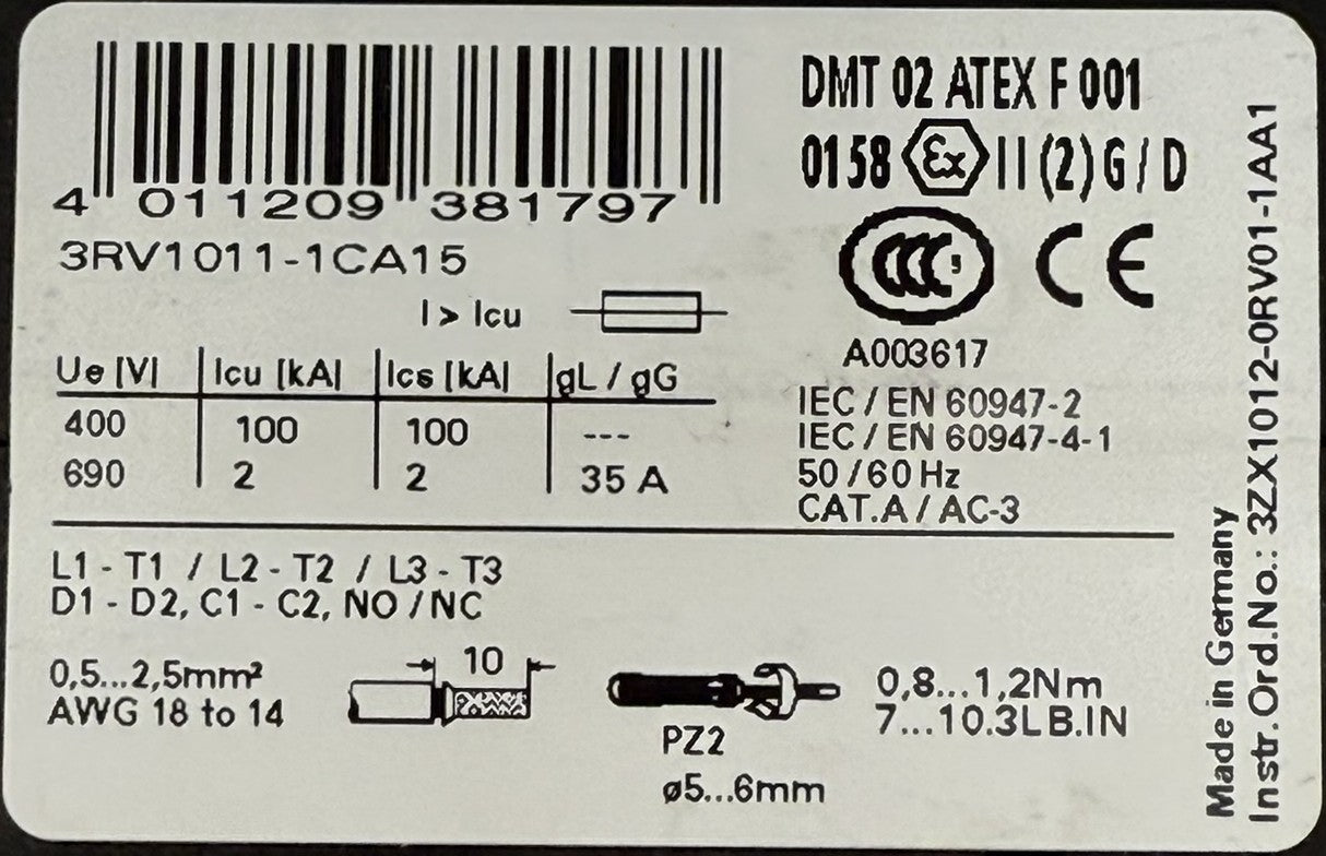 Siemens 3RV1011-1CA15 Adjustable Circuit Breaker 1.8-2.5A 690V 3-Pole2
