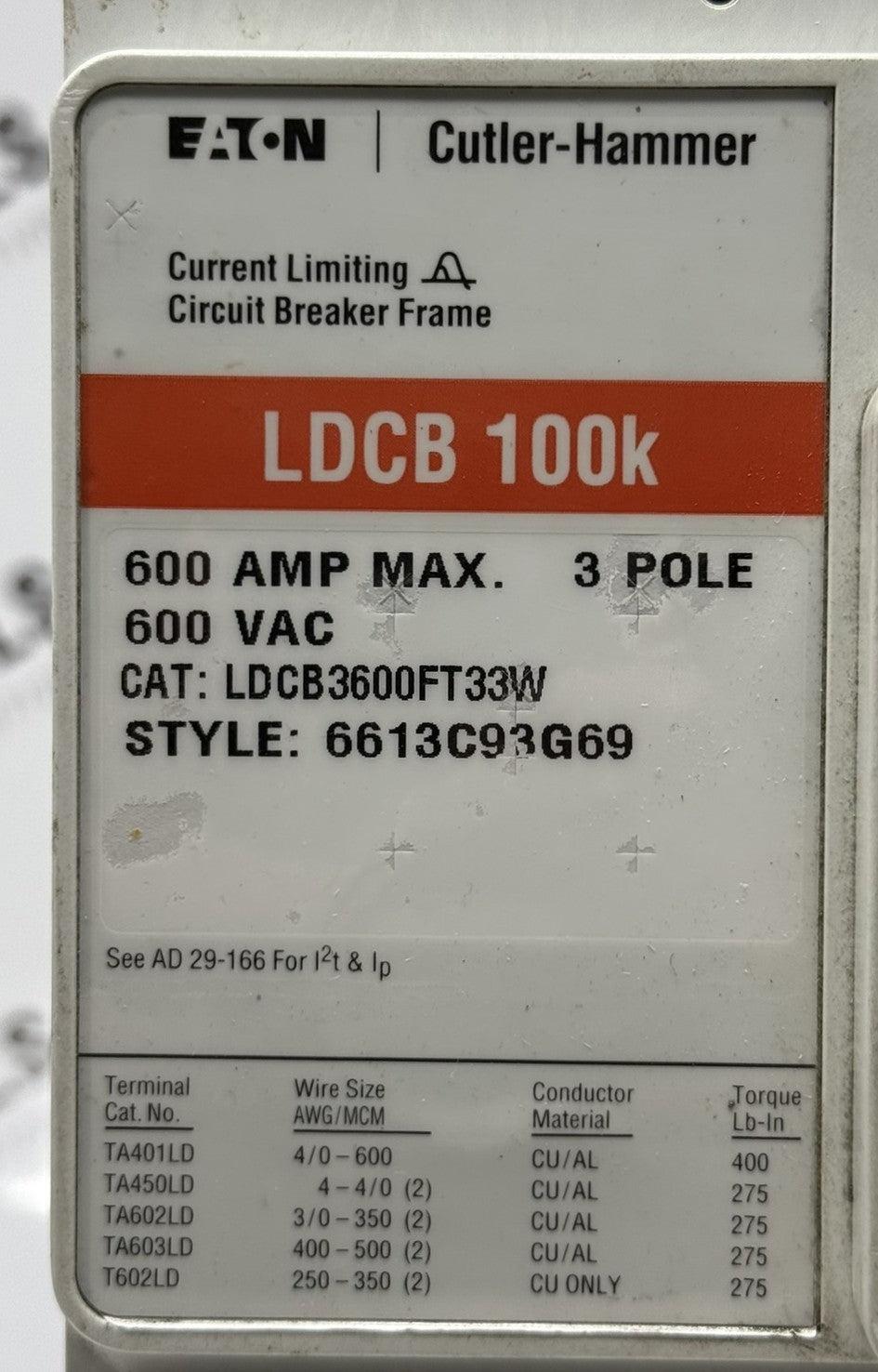 Eaton Cutler-Hammer LDCB3600FT33W 3-Pole 500A 100kA Circuit Breaker6