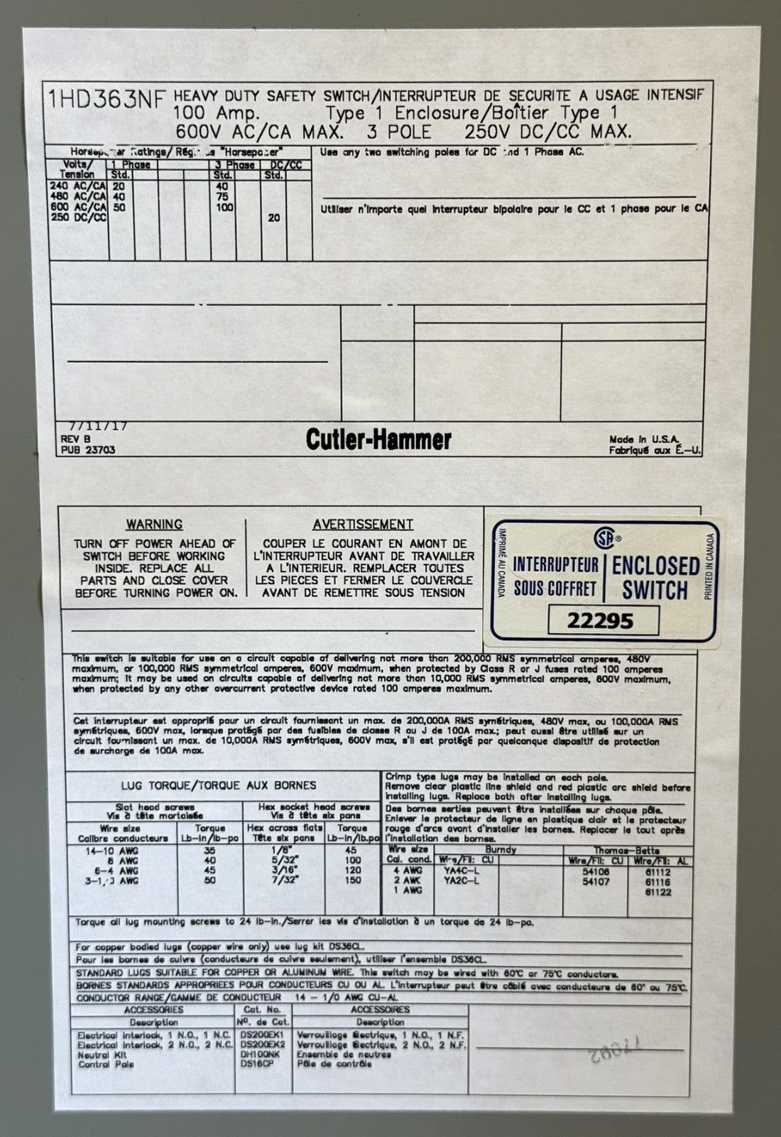 Eaton Cutler-Hammer 1HD363NF 3-Pole 600V 100A Non-Fusible Safety Switch7