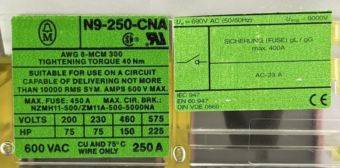 Moeller N9-250-CNA 3-Pole 250A 600VAC Motor Disconnect Switch1