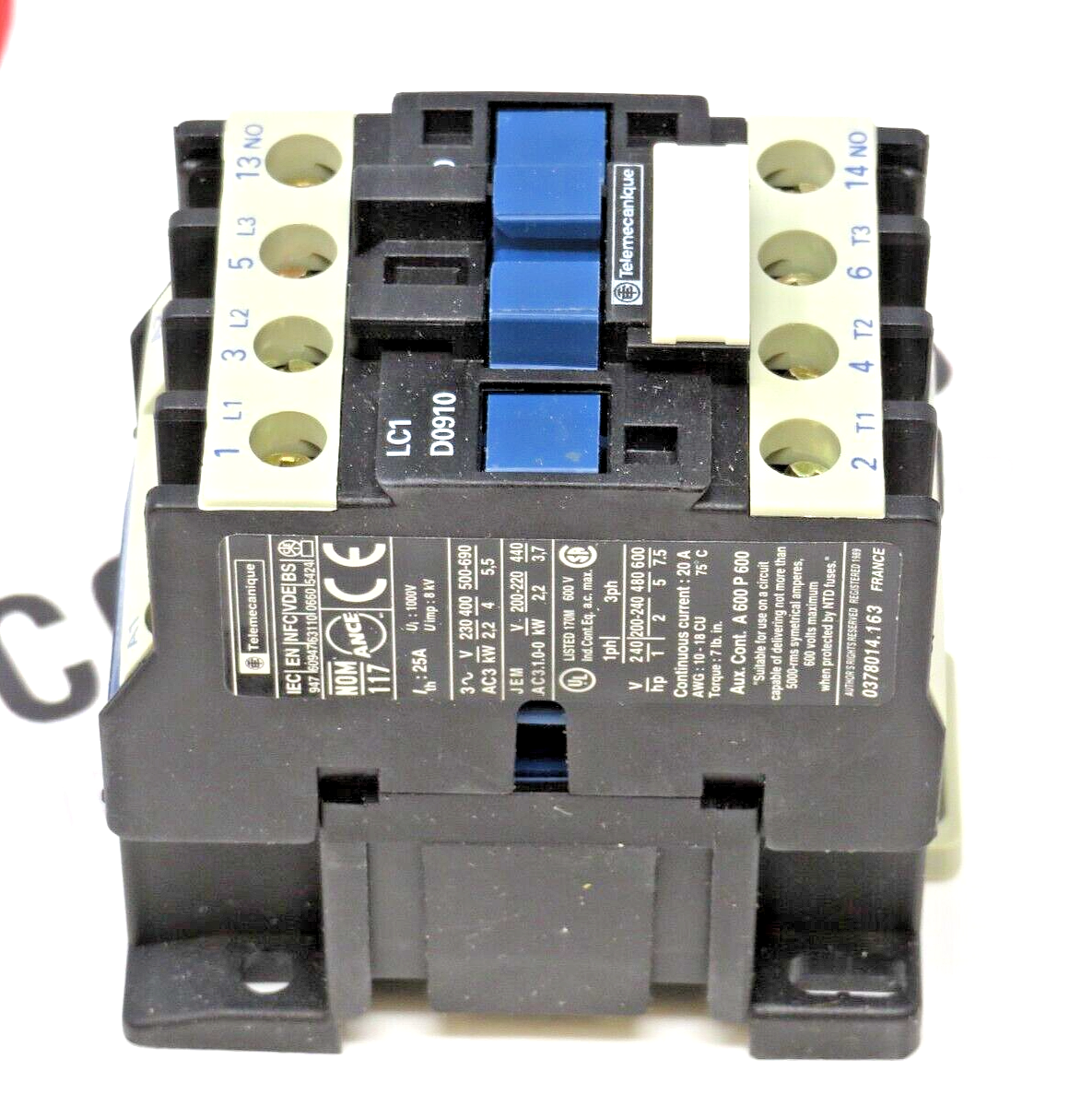 Schneider Electric Telemecanique LC1D0910B6 9A 24V 60HZ Coil 600V Contactor