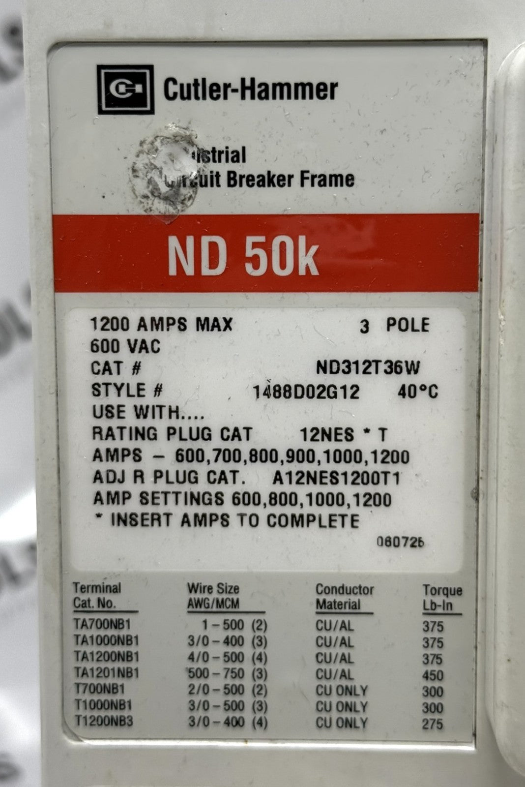 Eaton Cutler-Hammer ND312T36W 3-Pole 1200A 600V Circuit Breaker5