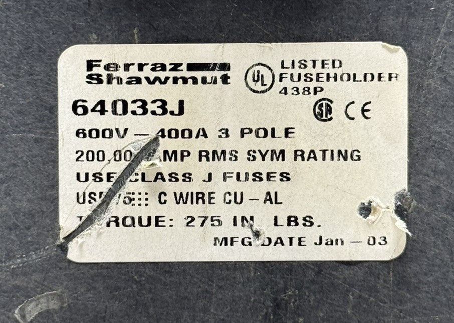 Ferraz Shawmut 64033J Class J 3-Pole Fuse Block 400A 600VAC/DC4