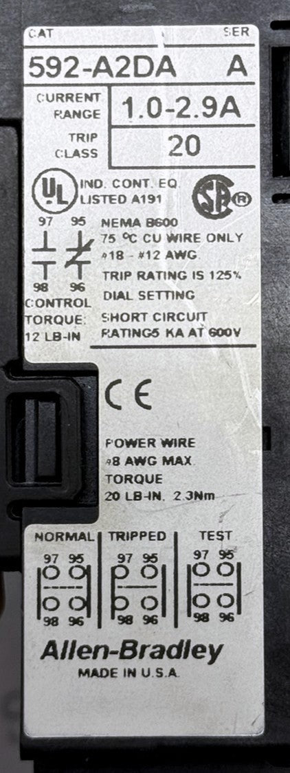 Allen-Bradley 592-A2DA SMP-1 Overload Relay 1-2.9A4