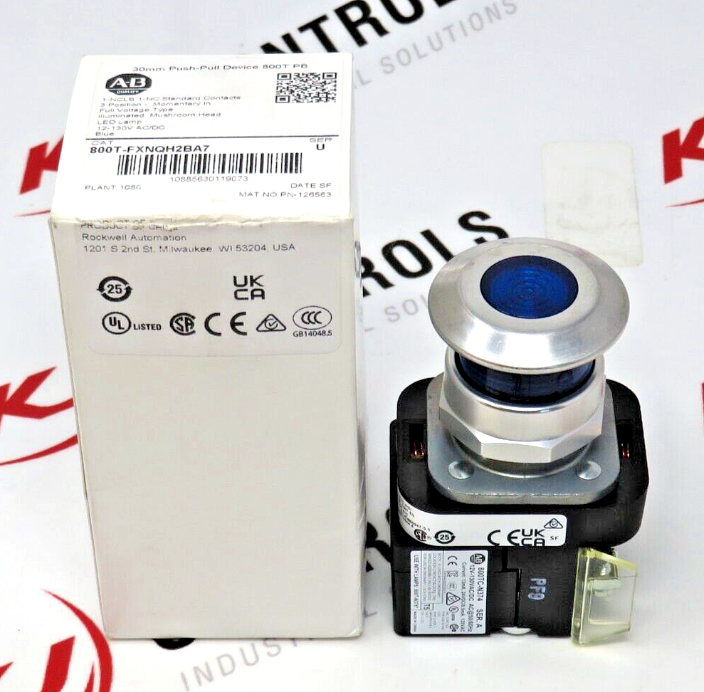 Allen-Bradley 800T-FXNQH2BA7 30mm Push-Pull Mushroom Cap Illum. Blue LED Device