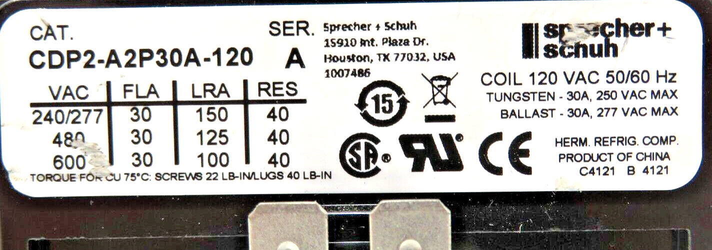 Sprecher + Schuh CDP2-A2P30A-120 30A 2-Pole 120VAC 60HZ Contactor