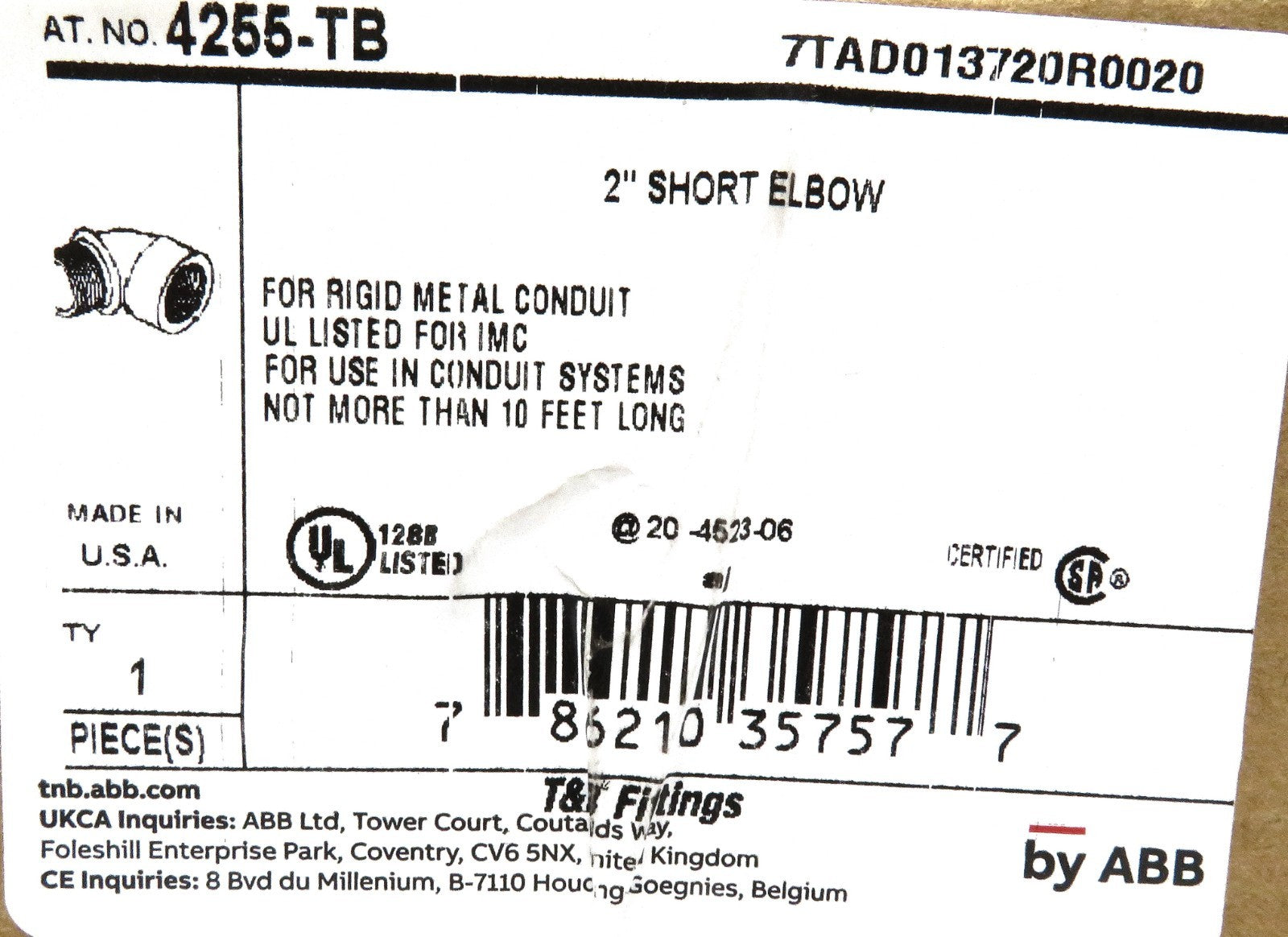 ABB T&B Fittings 4255-TB 2" Short Elbow Rigid/IMC Conduit Connector (Open Box)3