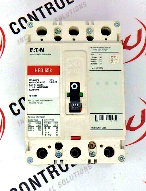 Eaton HFD3225L Molded Case Circuit Breaker, Series C, 225A, 600V AC/250V DC, 3-P