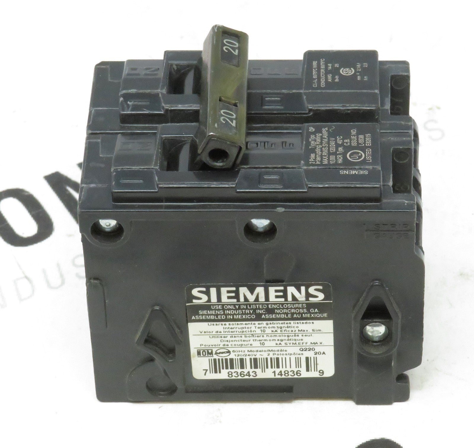 Siemens Q220 Circuit Breaker 20A 2-Pole 120/240V Type QP 10kAIC2