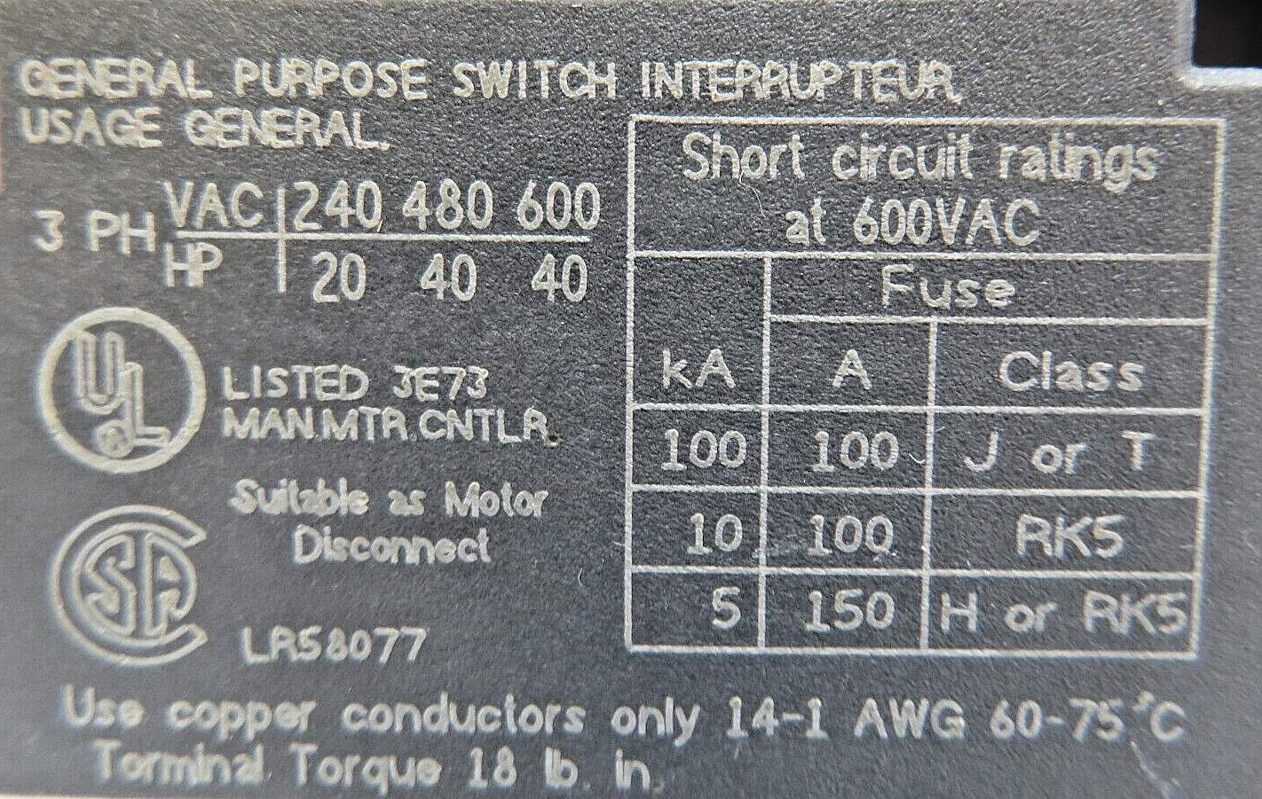 ABB-Asea Brown Boveri OT63E3 80A 600VAC Disconnect Switch