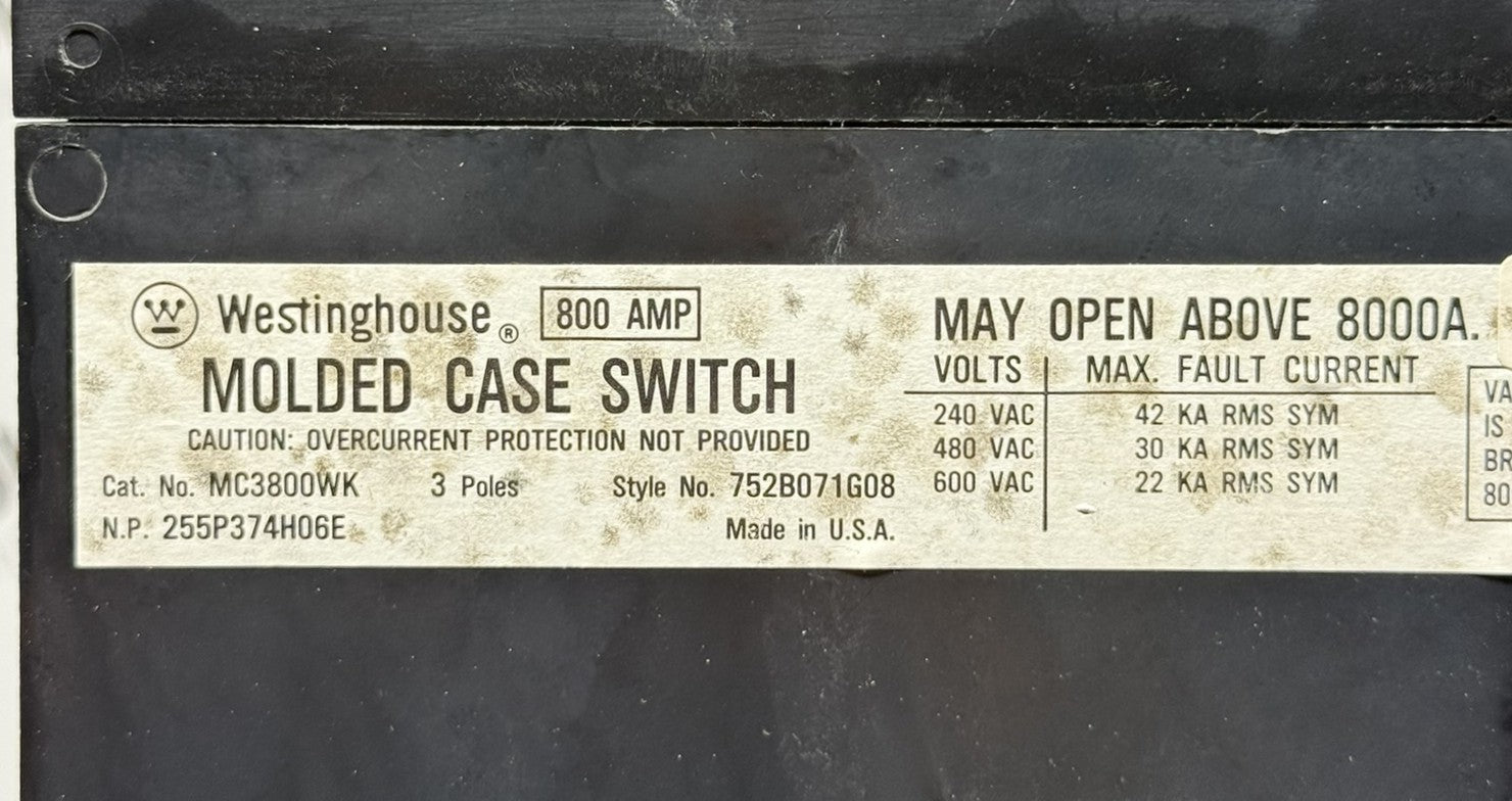 Westinghouse MC3800WK 3-Pole 800A Molded Case Switch5