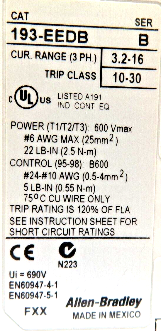 Allen-Bradley 193-EEDB E1 Plus Electronic Overload Relay