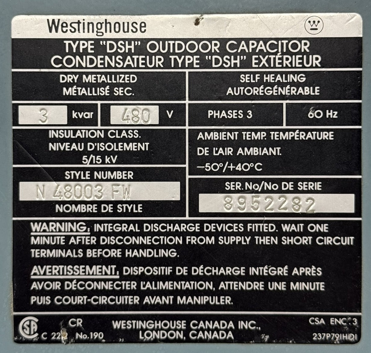 Westinghouse N48003FW 3-Phase Outdoor Capacitor 3kVAR 480V 60Hz5