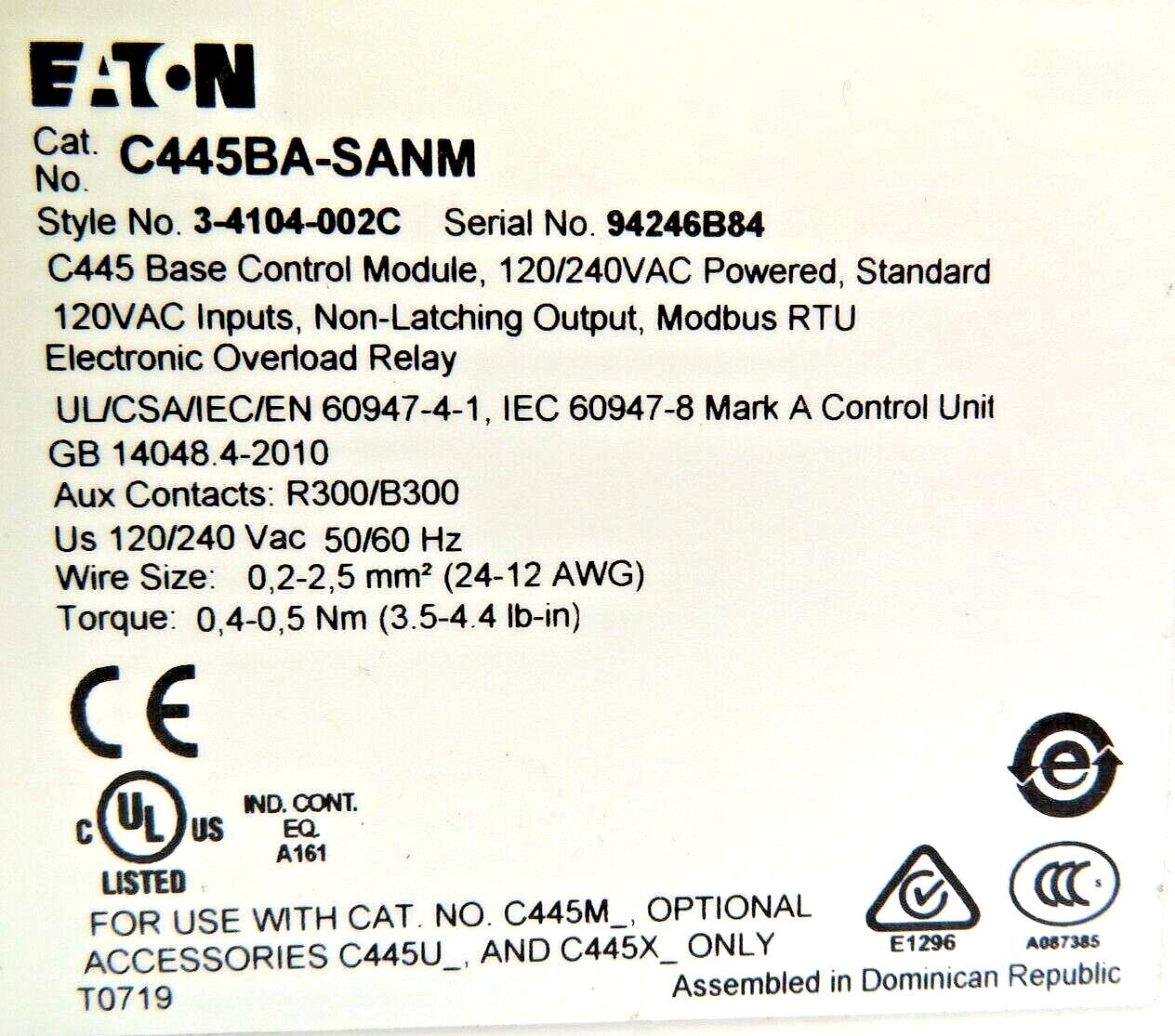 Eaton Power Xpert C445BA-SANM Intelligent Motor Management Relay