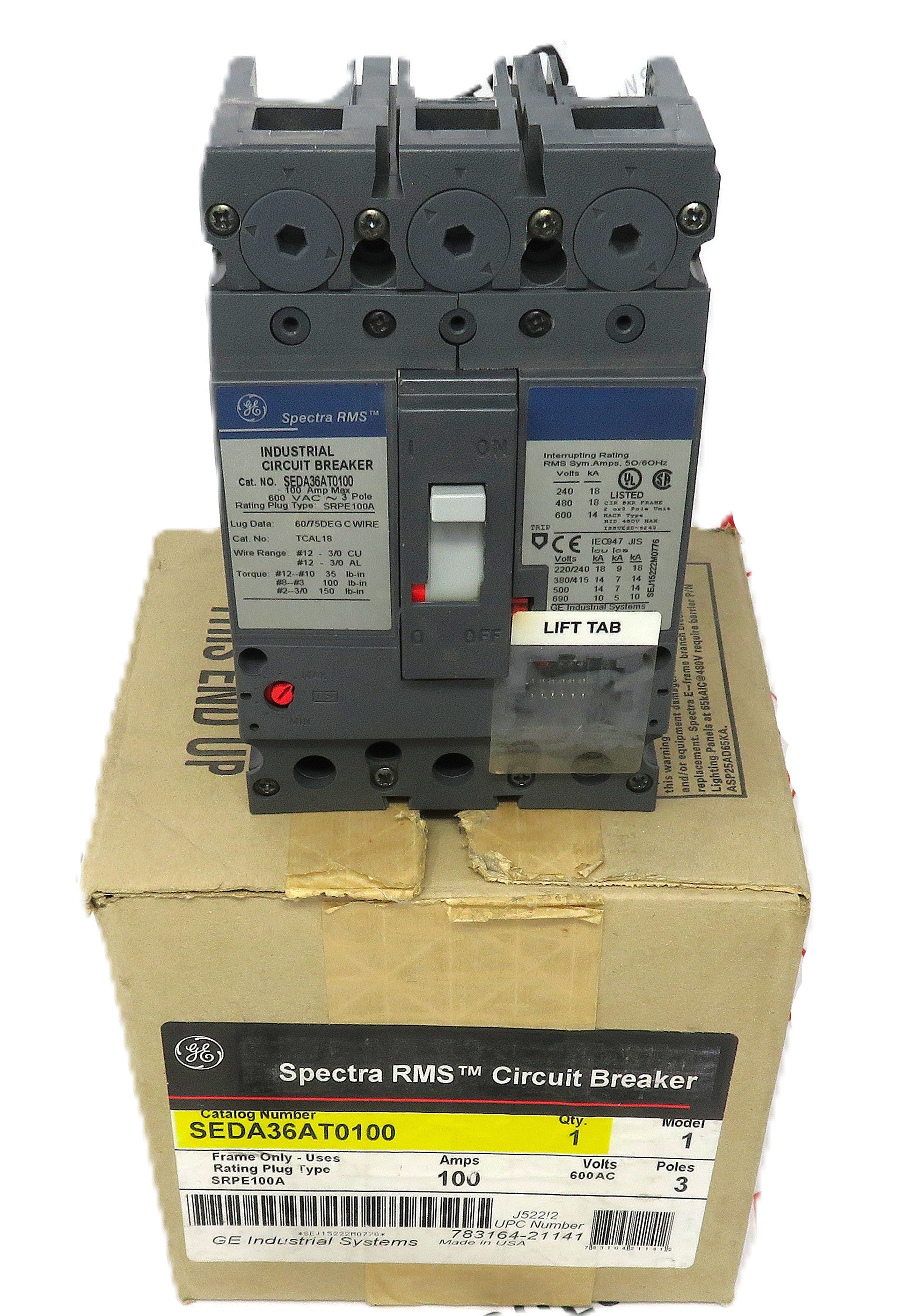 G.E. Spectra RMS SEDA36AT0100 3-Pole Molded Case Circuit Breaker 100A