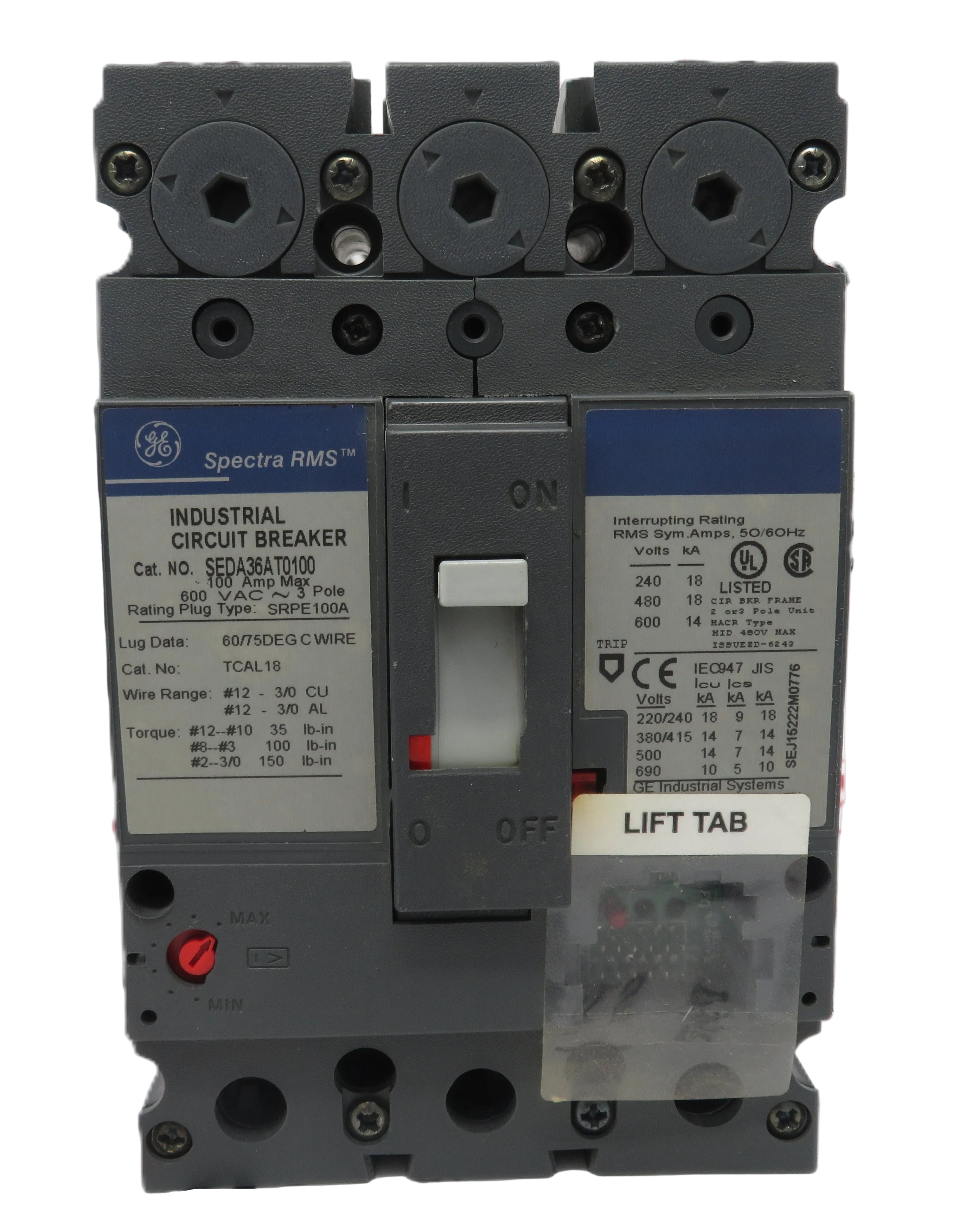 G.E. Spectra RMS SEDA36AT0100 3-Pole Molded Case Circuit Breaker 100A