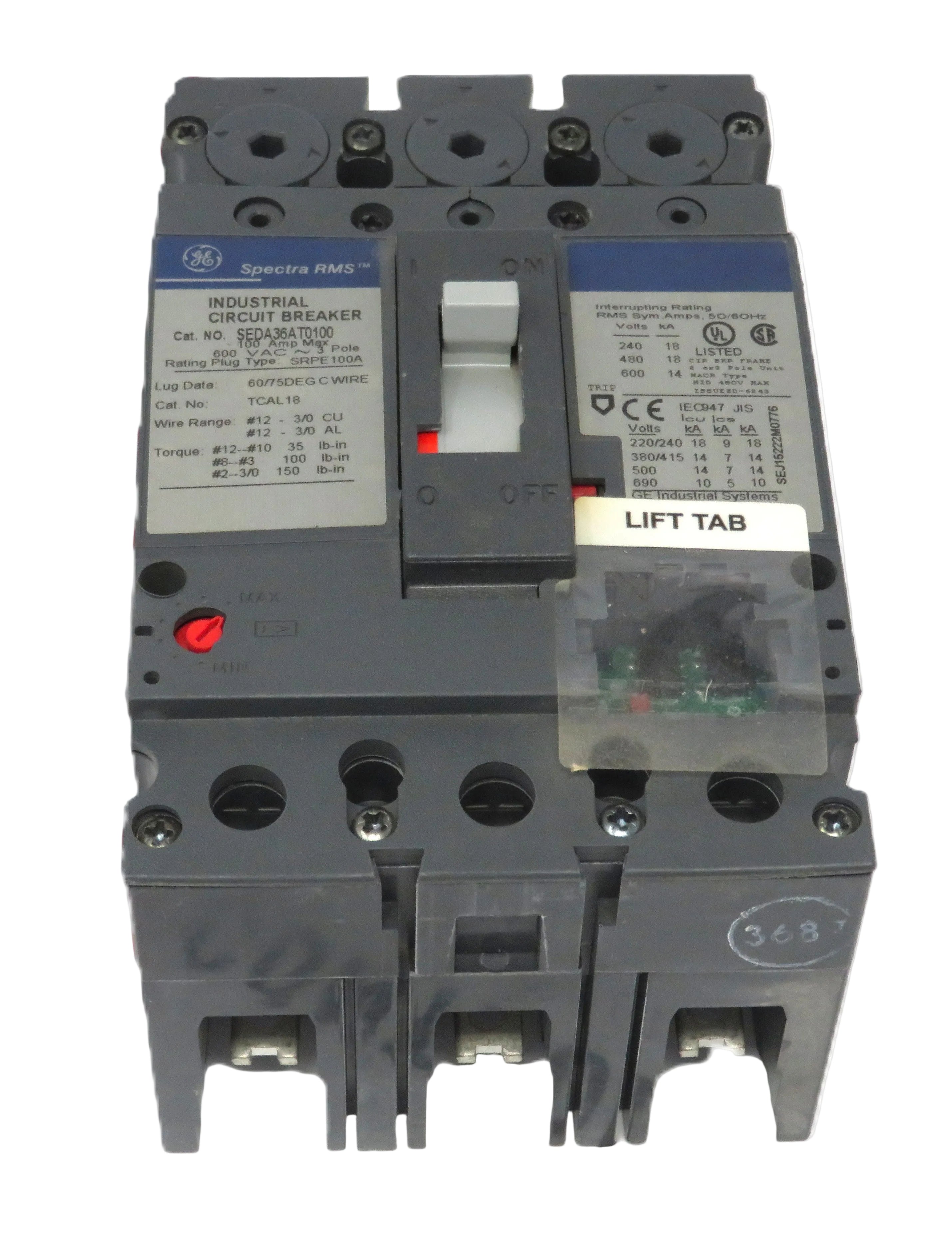 G.E. Spectra RMS SEDA36AT0100 3-Pole Molded Case Circuit Breaker 100A