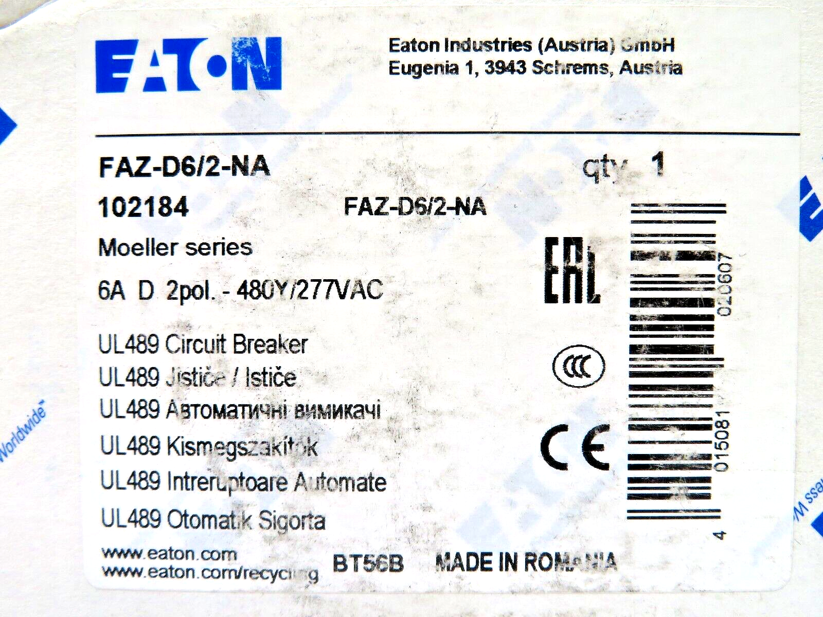 Eaton FAZ-D6/2-NA Miniature 6A 2-Pole Circuit Breaker Thermal / Magnetic Trip