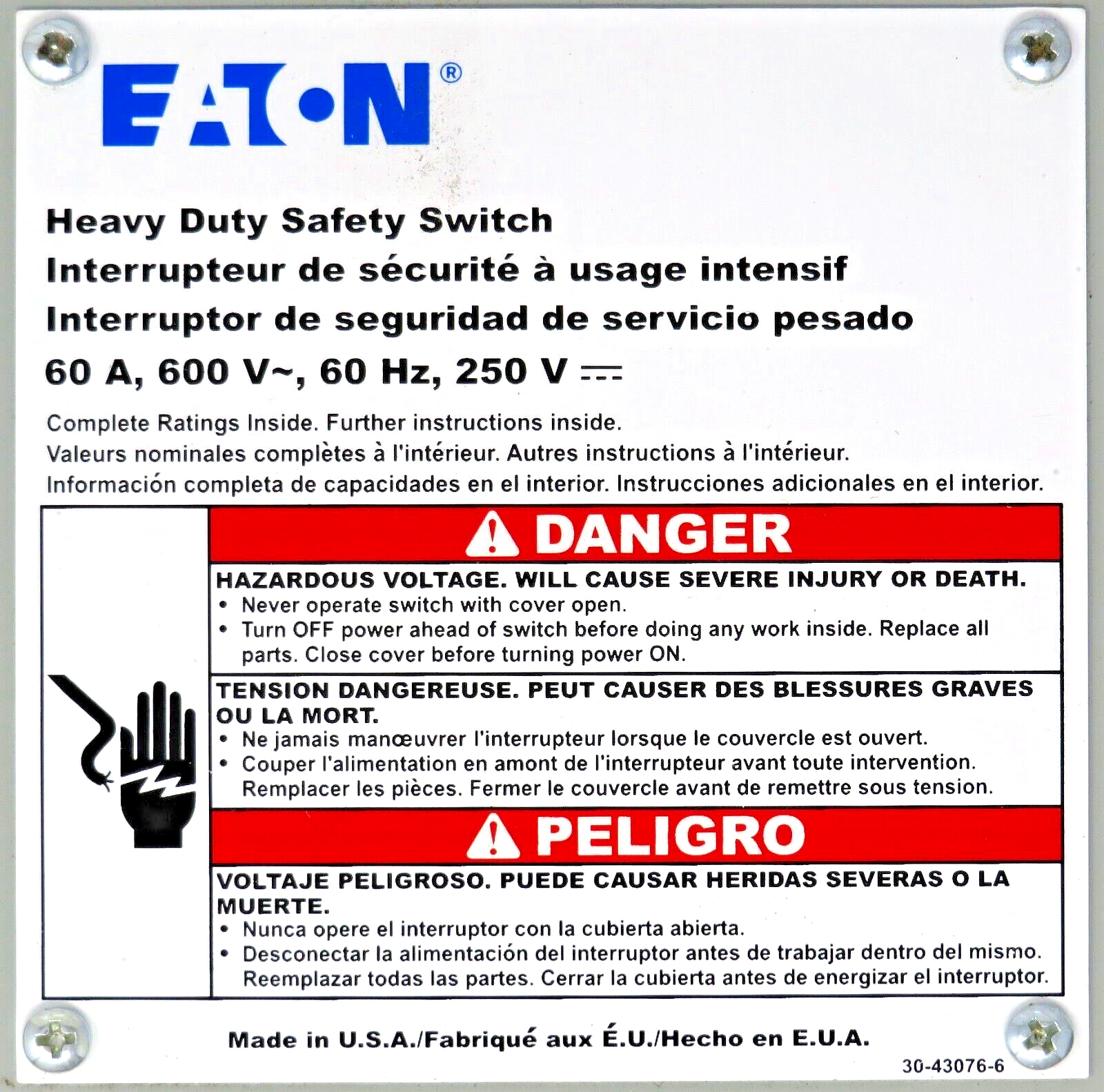 Eaton 12HD362NFW Heavy-Duty Non-Fusible Single-Throw Safety Switch 60A 600VAC