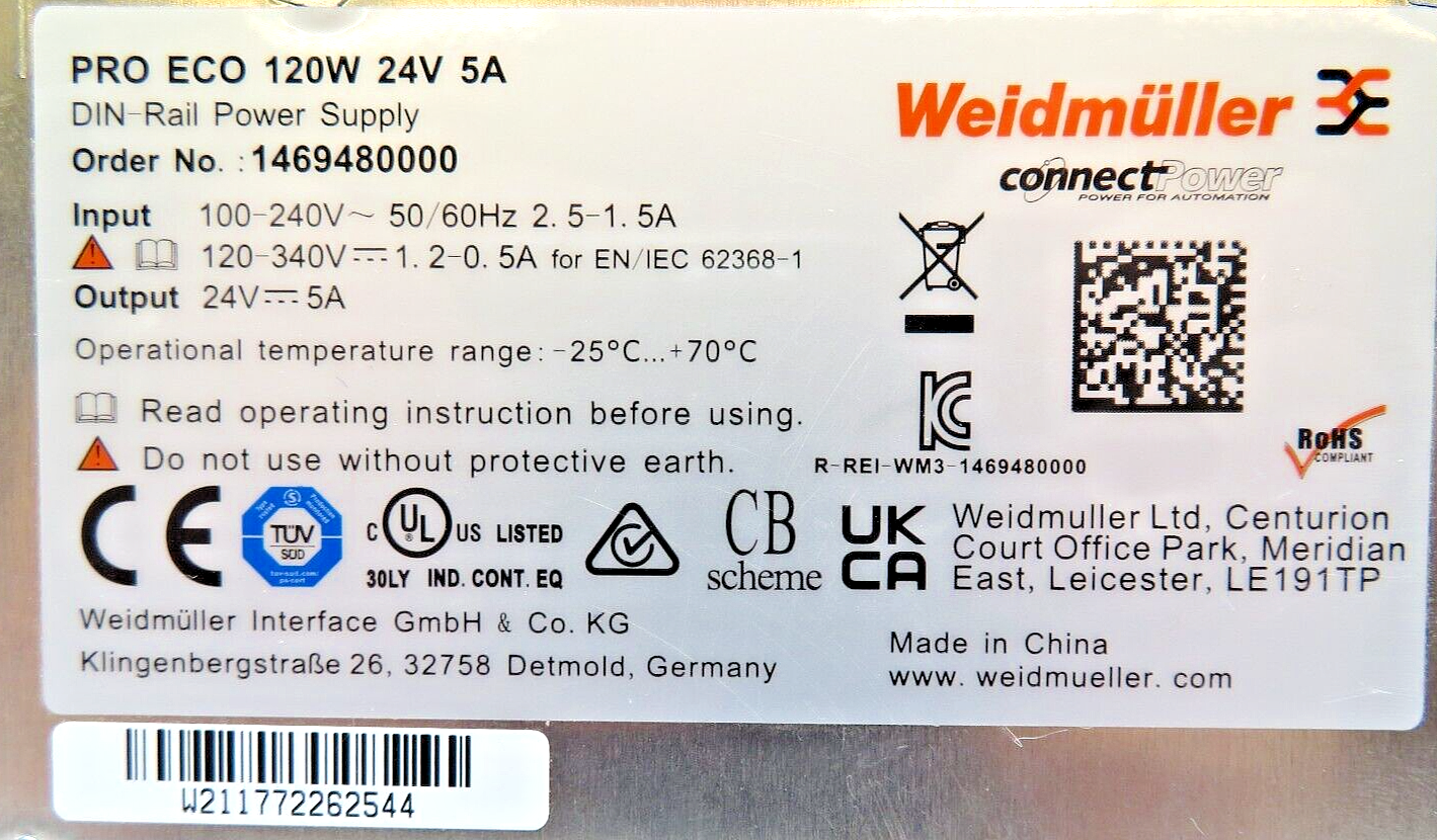 Weidmüller 1469480000 PRO ECO 120W 24V 5A Din-Rail Power Supply