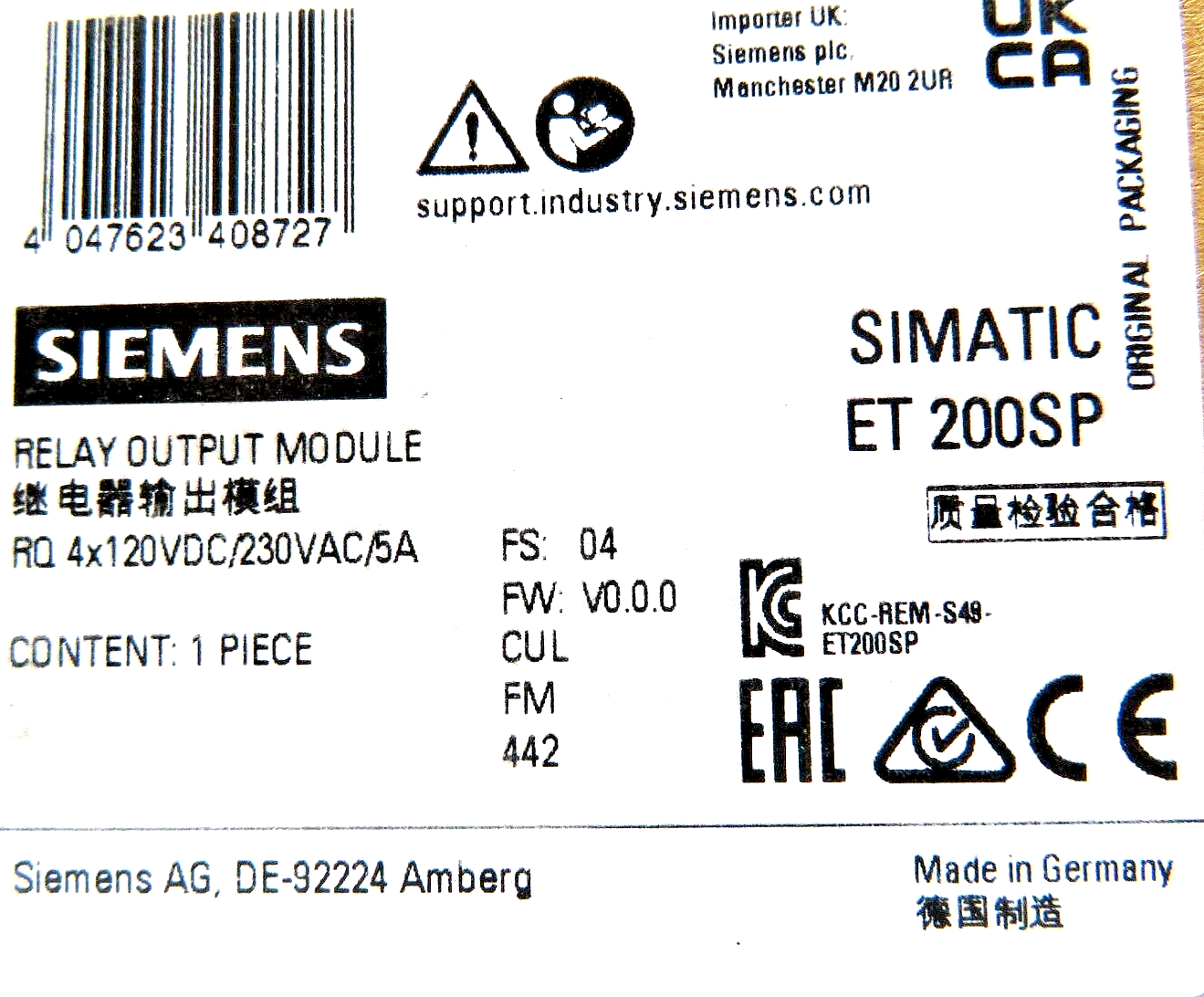 Siemens 6ES7132-6HD01-0BB1 SIMATIC ET 200SP Relay Output Module