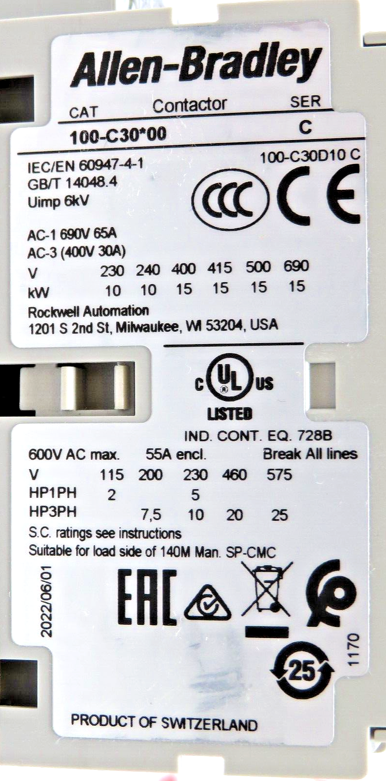 Allen-Bradley 100-C30D10 Contactor 120/110 60/50HZ Coil 3 NO Main Pole  1 NO Aux