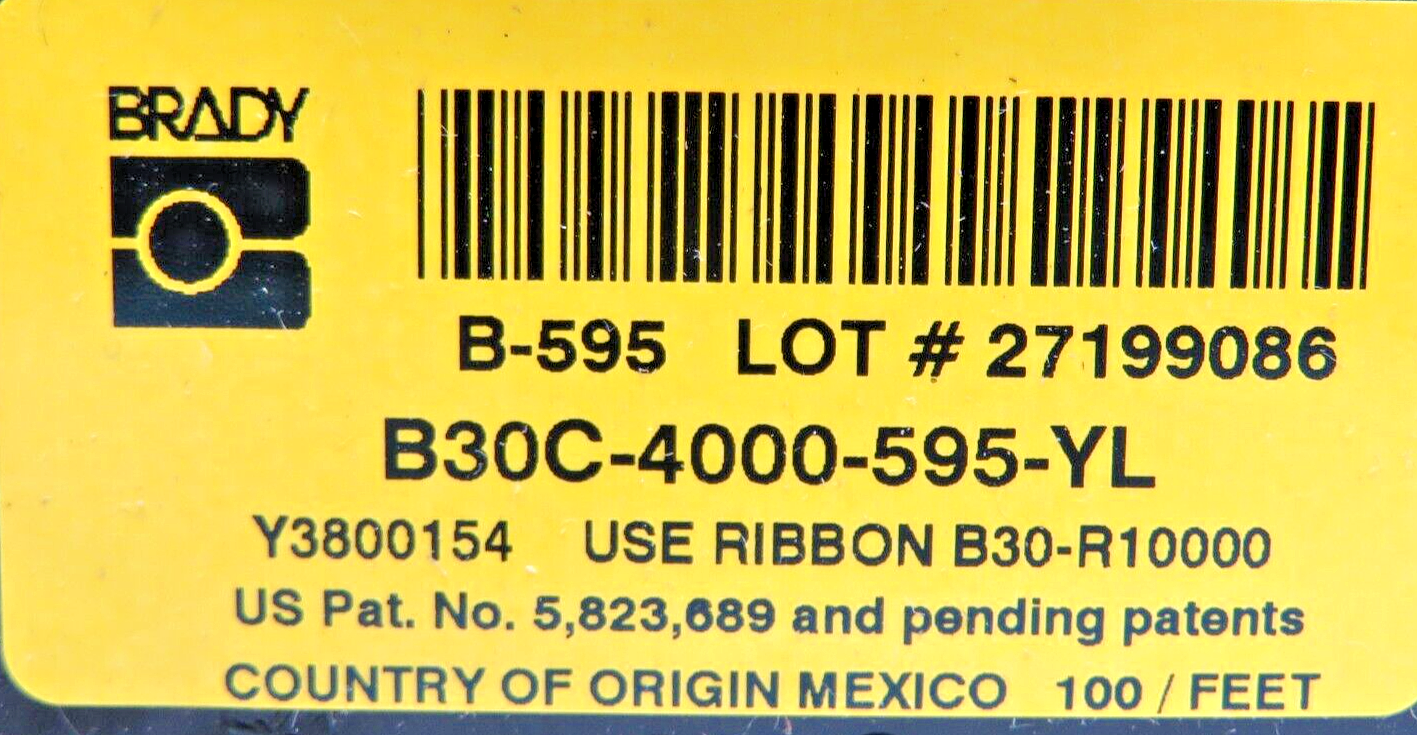 Brady B30C-4000-595-YL Yellow 4IN. Indoor/Outdoor Vinyl Label (Length Unknown)