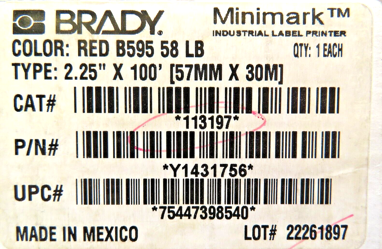 Brady 113197 Red B595 2.25 Inch X 100 Feet Label Cartridge