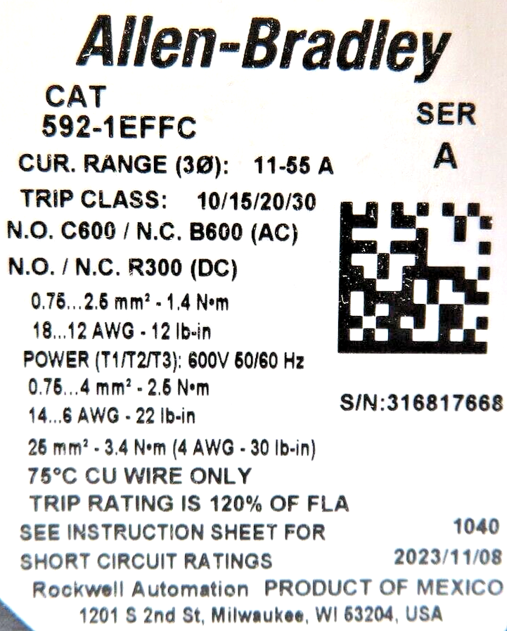 Allen-Bradley 592-1EFFC E100 Electronic 11-55A Overload Relay